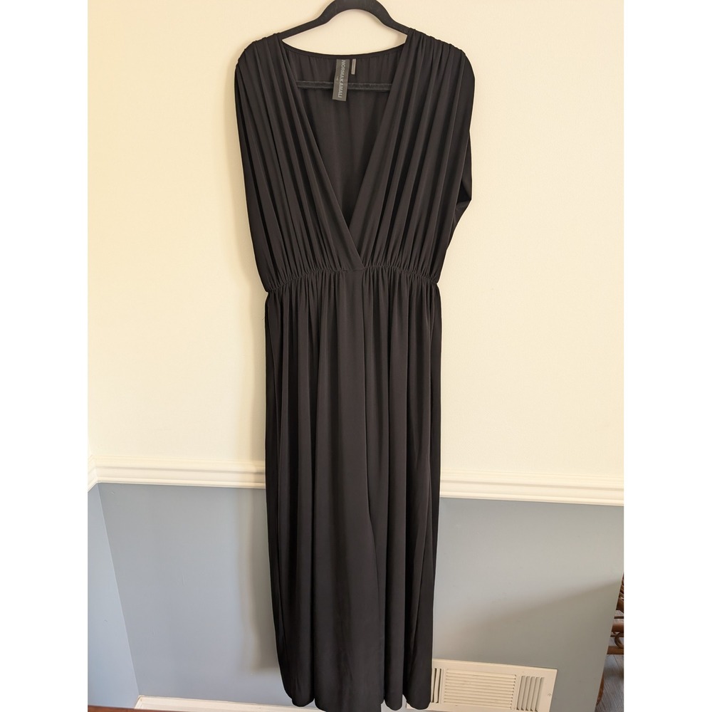 Norma Kamali Black Pleated Deep V-Neck Jersey Maxi Dress Large L/40 Sleeveless